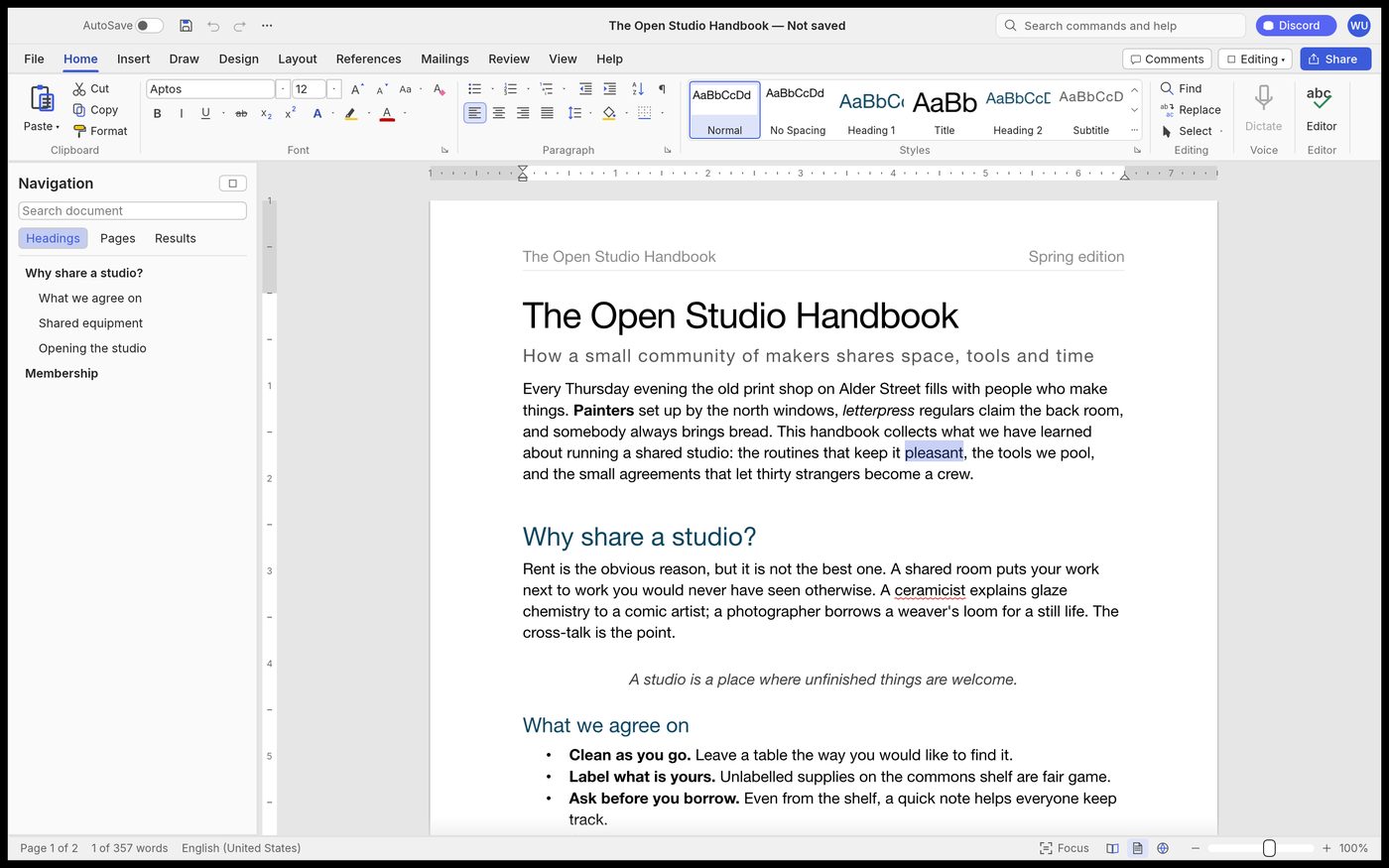 WordCraft editor: ribbon, Styles gallery and Navigation pane